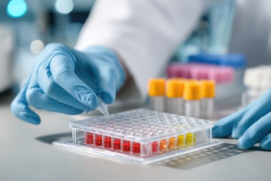 Doctor conducts elisa analysis using microplate with multiple colorful samples in laboratory setting