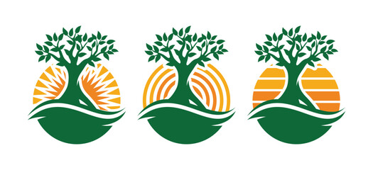 Elegant emblem featuring a stylized tree with sun rays and curved landscape, shown in full color and monochrome versions. Perfect for eco brands, nature organizations, farms, and wellness identities.
