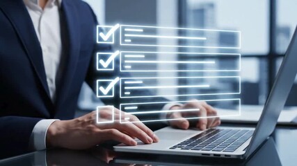 Businessman completing digital checklist hologram at laptop on office desk - Powered by Adobe