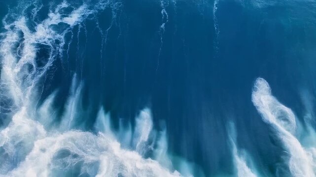 Aerial view of a large ocean wave crashing with white foam and turquoise blue water surface