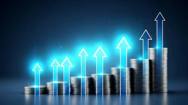 Stacks of coins with upward arrows on a blue gradient background