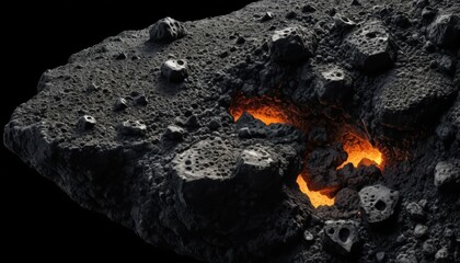 Fragment of a dark rocky celestial body featuring a glowing orange molten interior visible through deep crevices