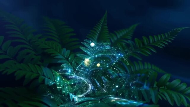 Slow zoom out from a fern plant projecting a rotating holographic star map onto its leaves in a serene dark room concept of cosmic connection and nature as a universal interface