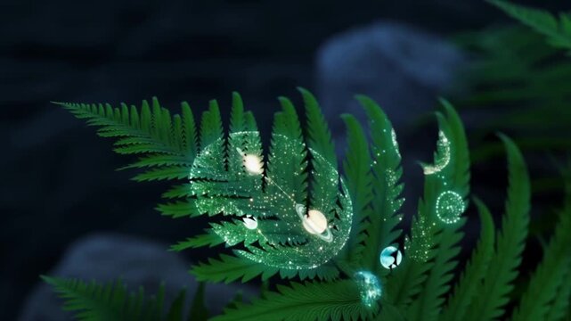 Slow zoom out from a fern plant projecting a rotating holographic star map onto its leaves in a serene dark room concept of cosmic connection and nature as a universal interface
