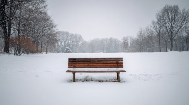 Empty bench standing in snowy park during winter season
