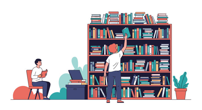 People in a library searching for books and reading.