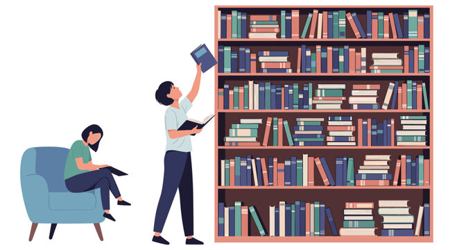 People in a library searching for books and reading.