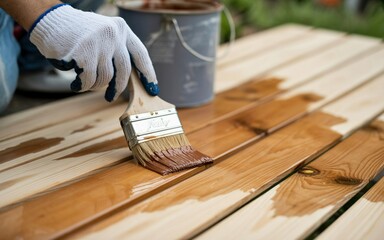 A close-up view shows a hand guiding a paintbrush loaded with wood stain along a timber board. A can of paint sits in the background, ready for further use.