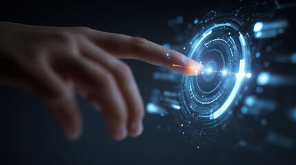 Hand touch digital hud interface futuristic technology background of virtual computer screen display ui future concept or cyber communication hologram and innovation internet system on vr cyberspace 