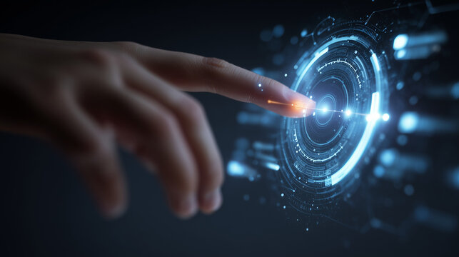 Hand touch digital hud interface futuristic technology background of virtual computer screen display ui future concept or cyber communication hologram and innovation internet system on vr cyberspace