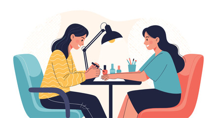 Woman getting manicure at salon, nail polish application, beauty treatment.