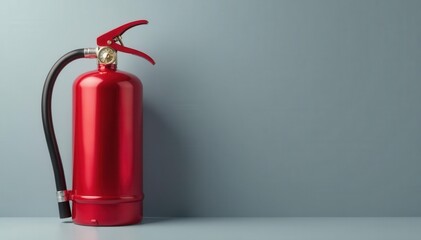 Obraz premium Sleek metallic fire extinguisher on a grey background, equipment, fire suppression