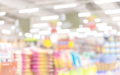 Blurred supermarket interior with bright lights and soft focus shelves, conveying retail atmosphere and shopping environment