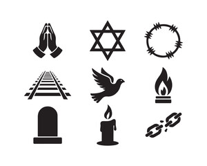 Fototapeta premium Collection of black memorial and religious icons on white background praying hands