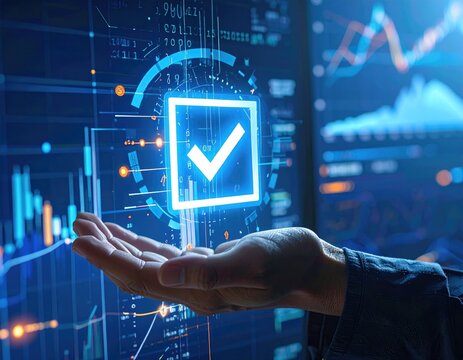Hand holding luminous checkmark; data display backdrop