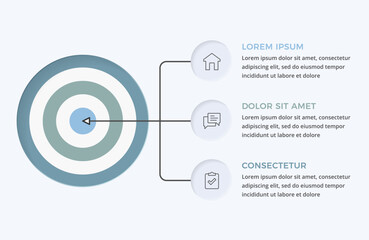 Business target infographic template with concentric circles bullseye and three connected elements for your icons and text