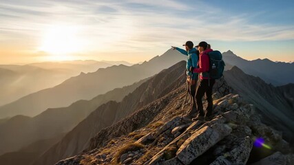 Two hikers admire a breathtaking mountain sunset from a ridge