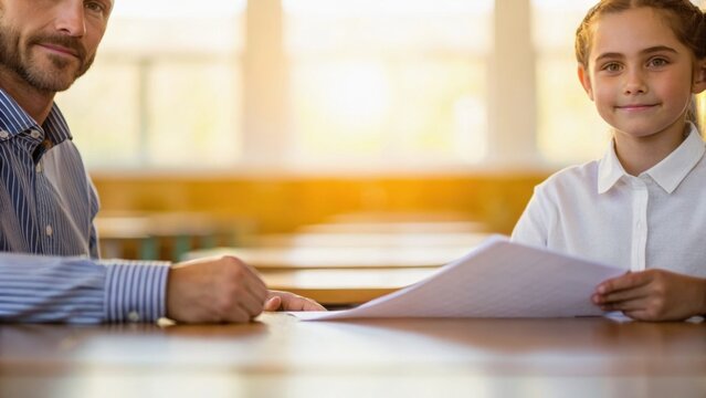 A man and a girl are seated at a table, looking at each other, with a piece of paper in front of them, in a warmly lit environment.