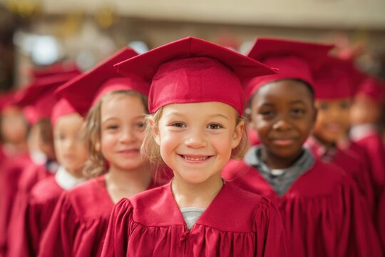 Joyful kindergarten graduates celebrate achievements in colorful gowns and caps at a cheerful graduation ceremony in a school hall