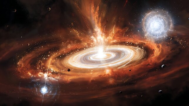 Energetic galactic core radiates intensely surrounded by orbiting cosmic bodies and glowing nebula