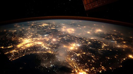 Illuminated terrestrial surface appears strikingly bright from a high orbital perspective during nighttime hours.