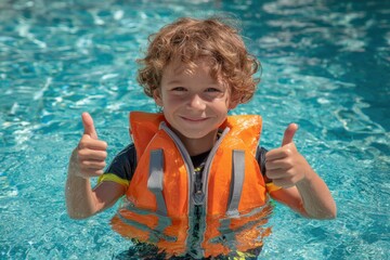 Naklejka premium Cheerful boy with curly hair enjoys swimming in the pool during summer, wearing an orange life vest and showing enthusiasm with thumbs up gesture