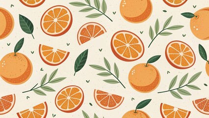 Flat Orange and Leaf Seamless Vector Pattern