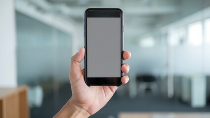Hand Holding Smartphone Displaying Grey Screen with Office Space Background