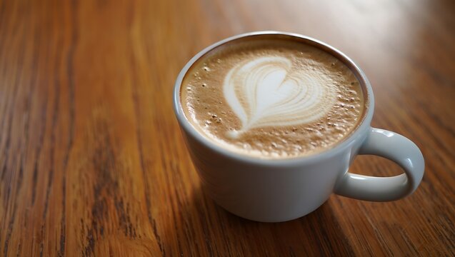 Delicious cappuccino with heart latte art sits atop a wooden table