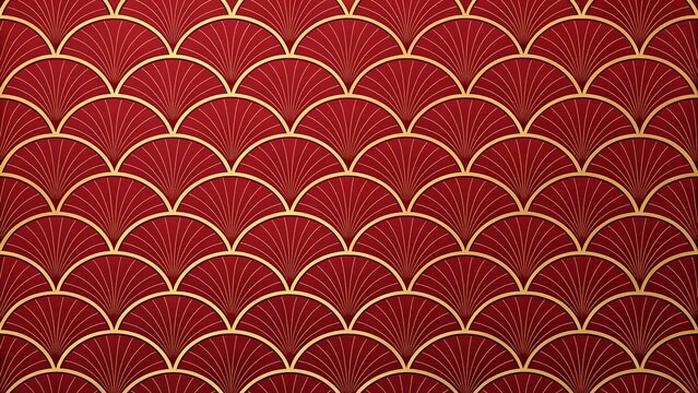 Gold Dragon Scale Repeat Pattern on Red Background, Modern Vector Design