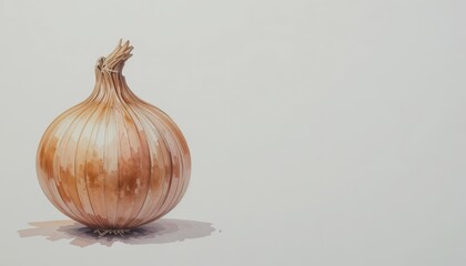 A single brown onion with dry papery skin rendered in a watercolor art style positioned on a clean white background