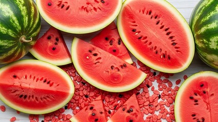 An overhead view of freshly sliced juicy red watermelons with scattered seeds on a white wooden surface, a perfect symbol of summer refreshment