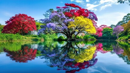 Vibrant Multicolored Tree Reflected in Crystal-Clear Lake Landscape