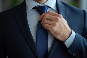 A man in a navy blue suit and a blue tie adjusts his tie in front of a window with a cityscape in the background.