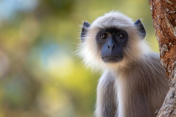 Obraz premium Gray langur quietly observing its surroundings in a lush green habitat during the early morning hours in a forest