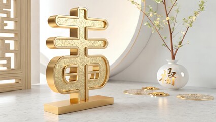 Luxury 3D Golden Fu Icon on Clean Background