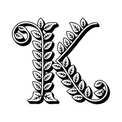 Ornate Letter K Illustration Exuding Botanical Elegance and Vintage Charm Intricate Leaf Adornments in Black and White
