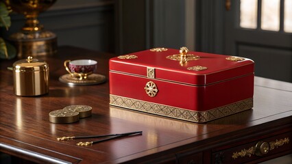 Luxury Red and Gold Lacquer Box on Polished Wood