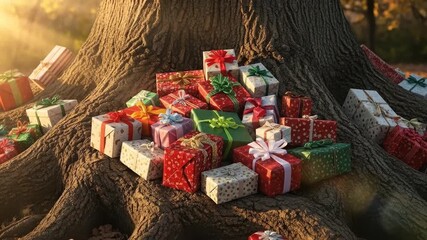 Wrapped gifts piled around tree trunk outdoor holiday concept - Powered by Adobe