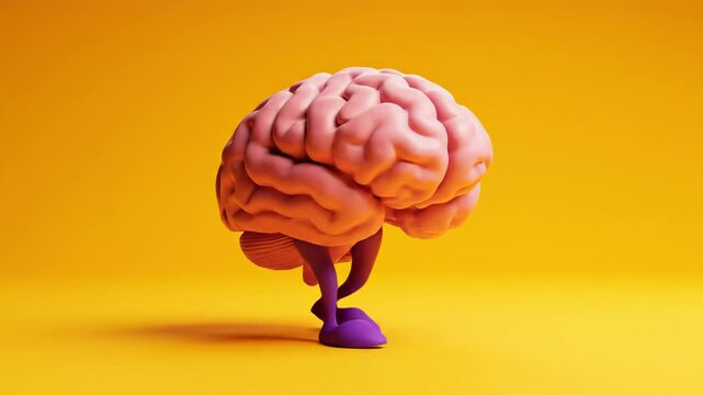 Conceptual 3d rendering of a stylized human brain with small purple legs walking on a vibrant yellow background