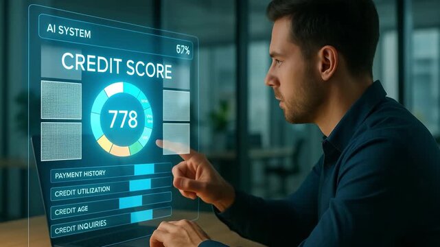 Man Interacting with AI Credit Score Analysis Interface, Futuristic Financial Risk Evaluation and Digital Banking Technology for Smart Loan Decisions