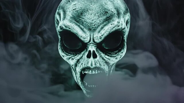 Glowing skull emerges from smoky fog, dark void background