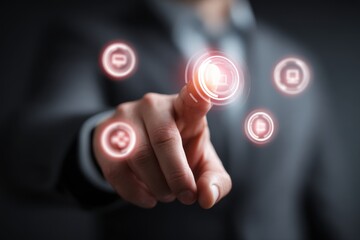 Businessman interacts with virtual buttons in a digital workspace at STEP educ during a modern technology demonstration