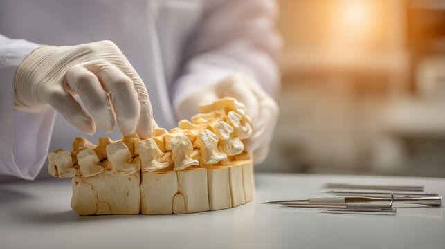 Orthopedic doctor teaching spinal anatomy with realistic vertebra model, clinical tools on table, in sterile exam room with professional lighting - Powered by Adobe