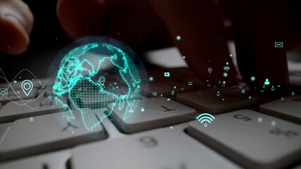 A conceptual image showing a hand typing on a keyboard with a digital globe and communication icons, symbolizing global connectivity and technology advancement. Xenic - Powered by Adobe