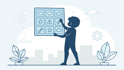 Creative young boy designing innovative user interface with icons for mobile app development process concept