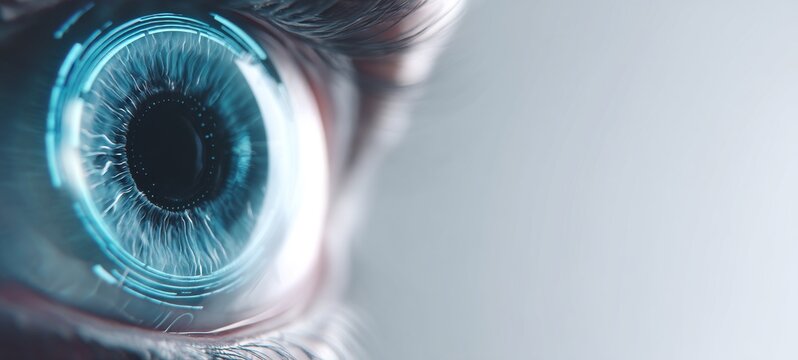 Large holographic robotic eye with soft iris rings on right side, crisp futuristic clarity, high-tech artificial intelligence concept, sci-fi technology, cybernetic vision