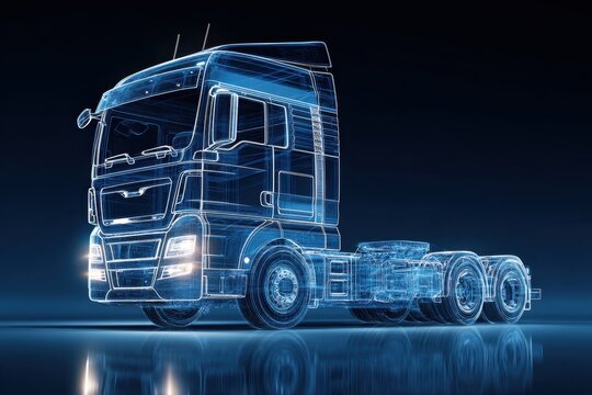 Digital wireframe of a futuristic truck glowing blue in a dark space showcasing advanced technology and design features