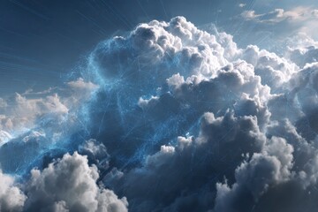Realistic depiction of a data cloud hovering in a blue sky with vibrant light rays and intricate patterns
