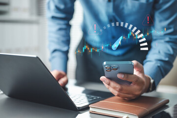 risk, volatility, market, investment, warning, A businessman reviewing market volatility and risk...